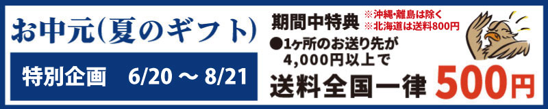 お中元(夏のギフト) 特別企画 6/20~8/21 期間中特典 ※沖縄・離島は除く ※北海道は送料 800 円 ● 1 か所のお送り先が 4,000 円以上で送料全国一律 500 円