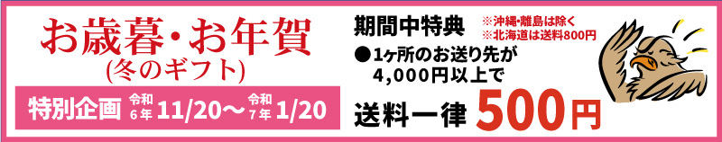 お歳暮・お年賀(冬のギフト) 特別企画 令和6年11/20～令和7年1/20 期間中特典 ※沖縄・離島は除く ※北海道は送料800円 ● 1 か所のお送り先が 4,000 円以上で送料全国一律 500 円